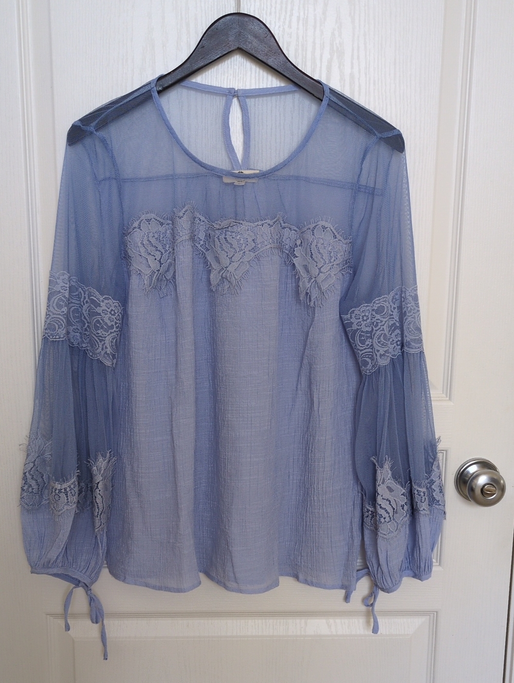 entro Sheer Lace-Trim Light Blue Balloon Sleeve Blouse